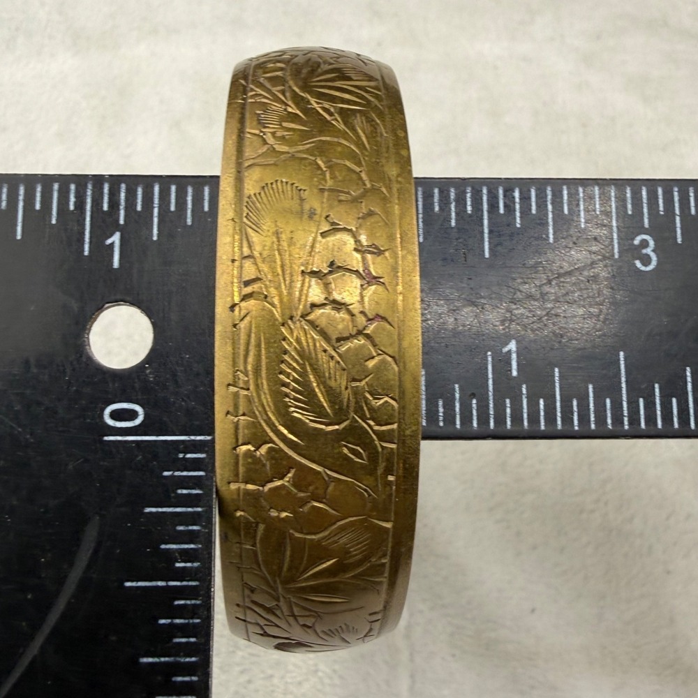 Vintage Brass Bangle Bracelet Bird Flower 8.5" - Picture 10 of 11